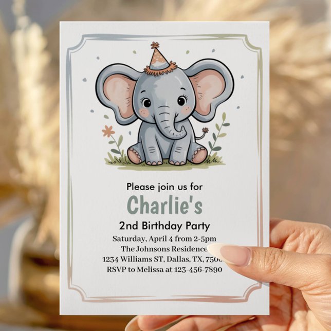 Convite Kids Cute Green Elephant 2nd Birthday Party (Criador carregado)