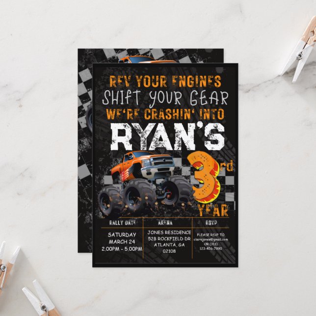 Convite Kids Monster Truck Rally aniversário de 3 anos (Frente/Verso In Situ)