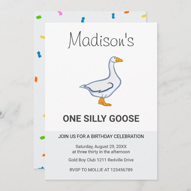 Convite Kids One Silly Goose First Birthday (Frente/Verso)