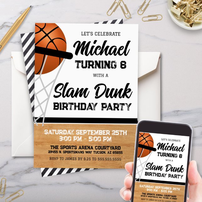 Convite Kids Slam Dunk - Festa de aniversário de basquete (Modern Boys Kids Slam Dunk Basteball Theme Birthday Party Invitation or watch party invites)