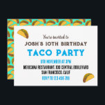 Convite Kids Taco Night Festa de aniversário<br><div class="desc">Tacos coloridos temeram o convite de aniversário do garoto. O texto totalmente personalizável na frente permite adicionar sua própria mensagem,  nomes,  endereço e local. As costas são moldadas com tacos comida</div>