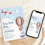 Convite Kids Vintage Aviation Watercolor Festa de aniversá<br><div class="desc">Prepare-se para entrar na festa de aniversário do ano com nossos convites de festas temáticos da aviação! Colocados sobre um fundo de cor azul-aquática suave, estes convites são enfeitados com um avião vermelho, branco e azul e um balão de ar quente, voando contra um céu escrito à mão com nuvens...</div>