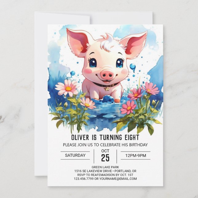Convite Kids Watercolor Piglet Barnyard Adventure Aniversá (Frente)