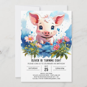 Convite Kids Watercolor Piglet Barnyard Adventure Aniversá