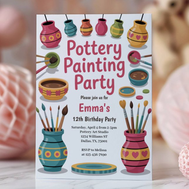 Convite Kids Watercolor Pottery Painting Birthday Party (Criador carregado)