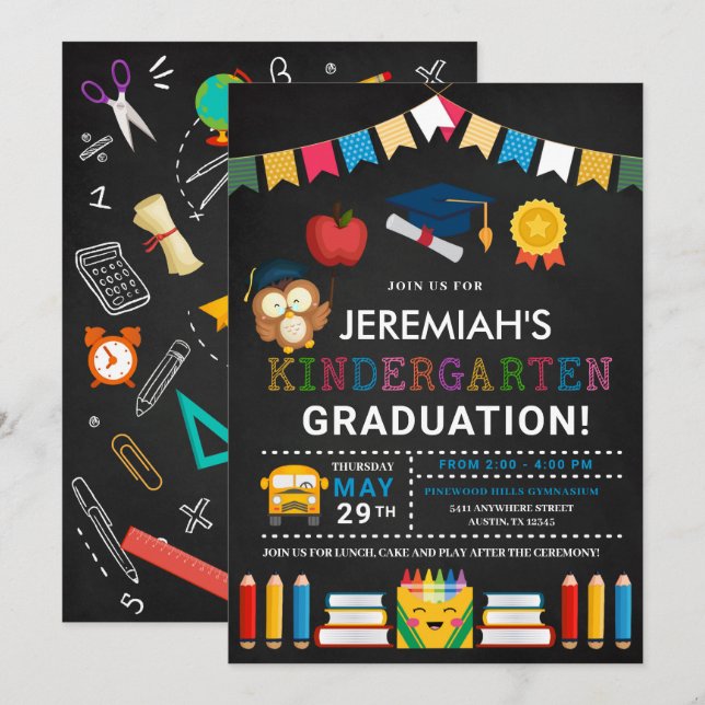 Convite Kindergarten Graduation Chalkboard (Frente/Verso)