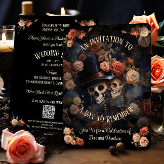 Convite Kissing Skeletons RSVP Casamento Gótico