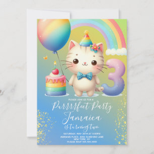 Convite Kit de 3º Aniversário Gatinho Festa do Arco-íris