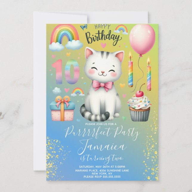 Convite Kit de Aniversário de 10 anos Gatinho Arco-íris (Frente)