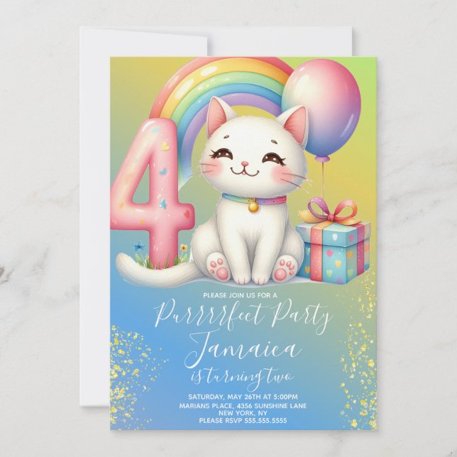 Convite Kit de Aniversário de 4 anos Gatinho Arco-íris Fes (Frente)