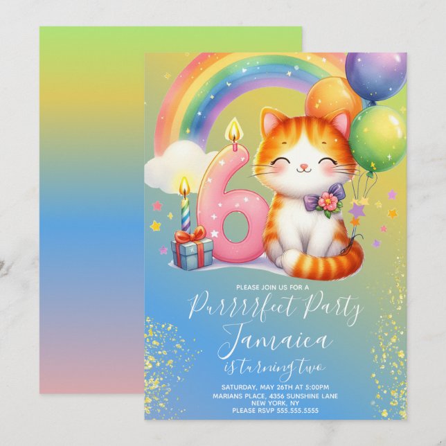 Convite Kit de Aniversário de 6 anos Gatinho Arco-íris (Frente/Verso)