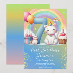 Convite Kit de Aniversário de 7 Anos Arco-Íris Gatinho