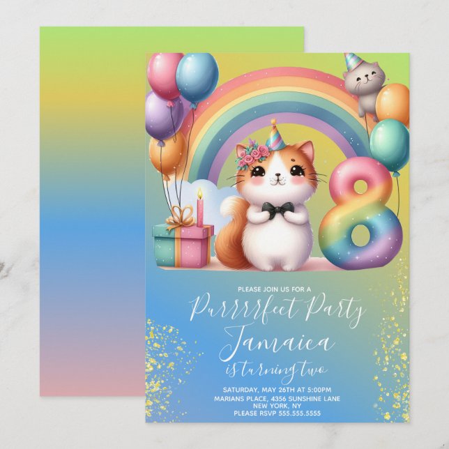Convite Kit de Aniversário de 8 anos Gatinho Arco-íris (Frente/Verso)