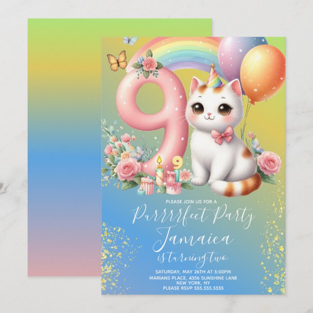 Convite Kit de Aniversário de 9 anos Gatinho Arco-íris (Frente/Verso)
