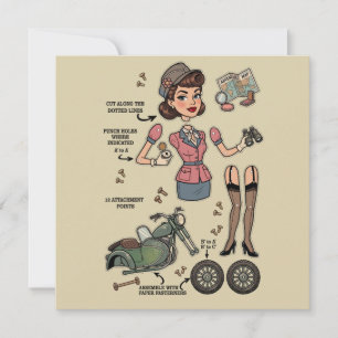 Convite Kit de Boneca de Papel em Estilo Vintage Aventura