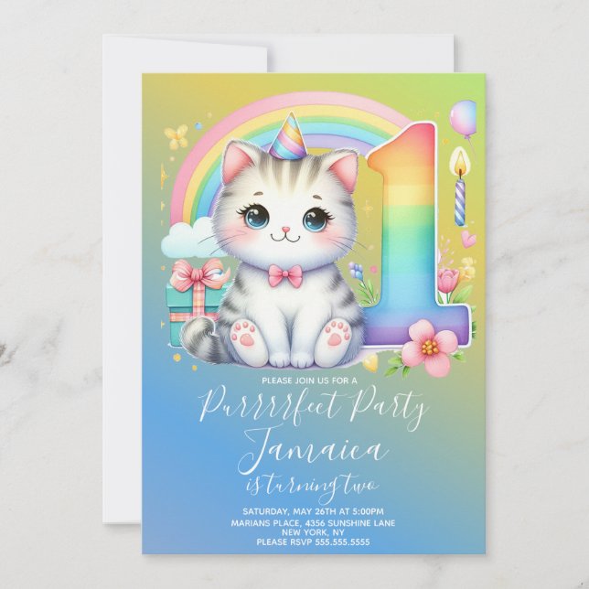 Convite Kit de Primeiro Aniversário Gatinho Arco-Íris Fest (Frente)