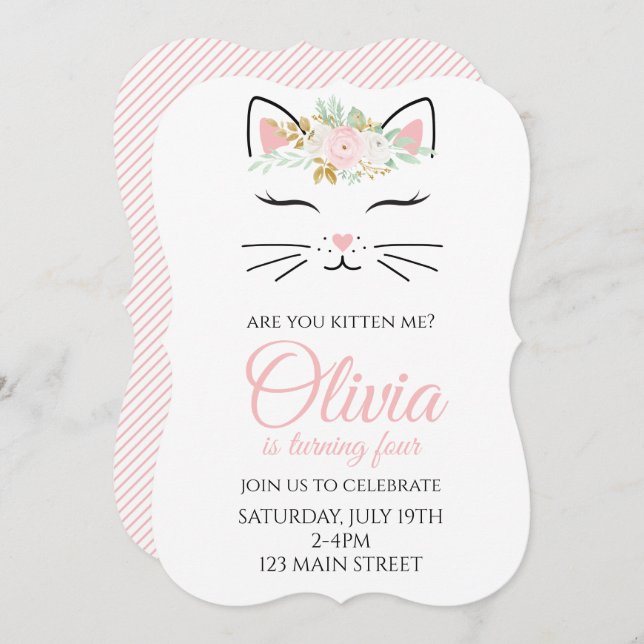 Convite Kitten Birthday Invite com rosto de gatinho floral (Frente/Verso)
