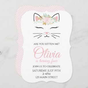 Convite Kitten Birthday Invite com rosto de gatinho floral