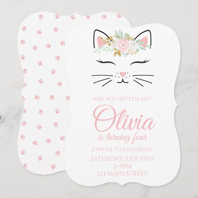 Convite Kitten Birthday Invite com rosto de gatinho floral (Frente/Verso)