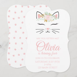 Convite Kitten Birthday Invite com rosto de gatinho floral