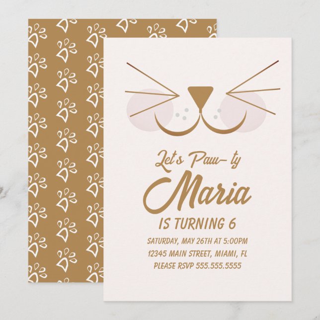 Convite Kitten Birthday Paw Party Animal (Frente/Verso)