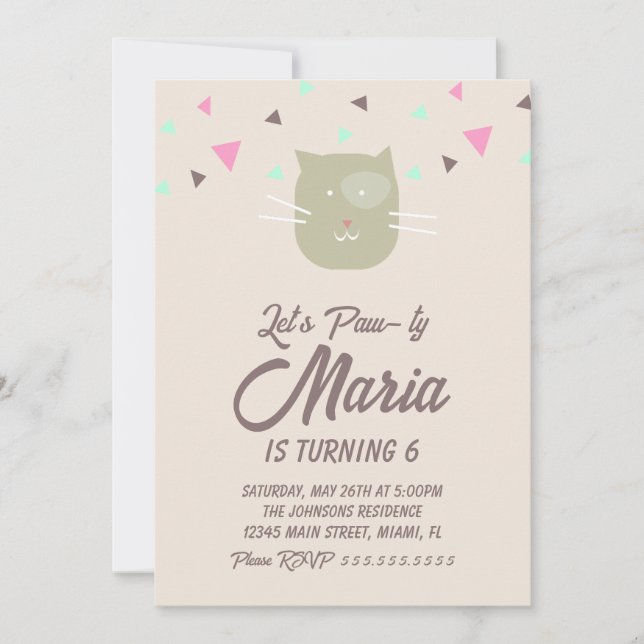 Convite Kitten Birthday Paw-ty Party Animal Confetti (Frente)