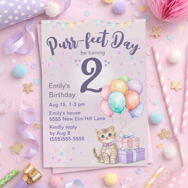 Convite Kitten Cat Pastel Little Girl's 2nd Birthday (Cute kitten "Purr-fect day for turning 2" birthday party invitation for little girls)