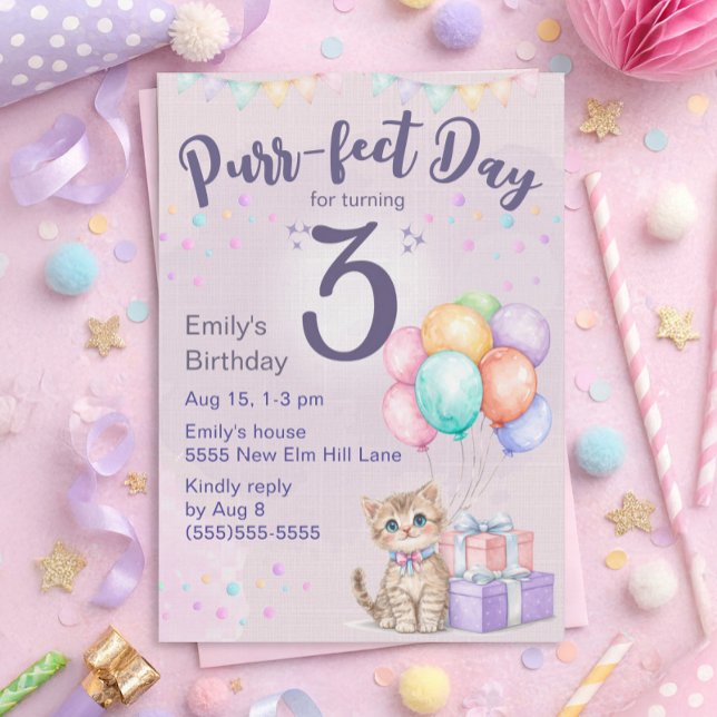 Convite Kitten Cat Pastel Little Girl's 3rd Birthday ("Purr-fect day for turning 3" cute kitten 3rd birthday party invitation for little girls)