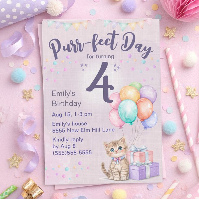 Convite Kitten Cat Pastel Little Girl's 4th Birthday ("Purr-fect day for turning 4" cute kitten 4th birthday party invitation for little girls)