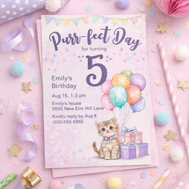 Convite Kitten Cat Pastel Little Girl's 5th Birthday ("Purr-fect day for turning 5" cute kitten birthday party invitation)