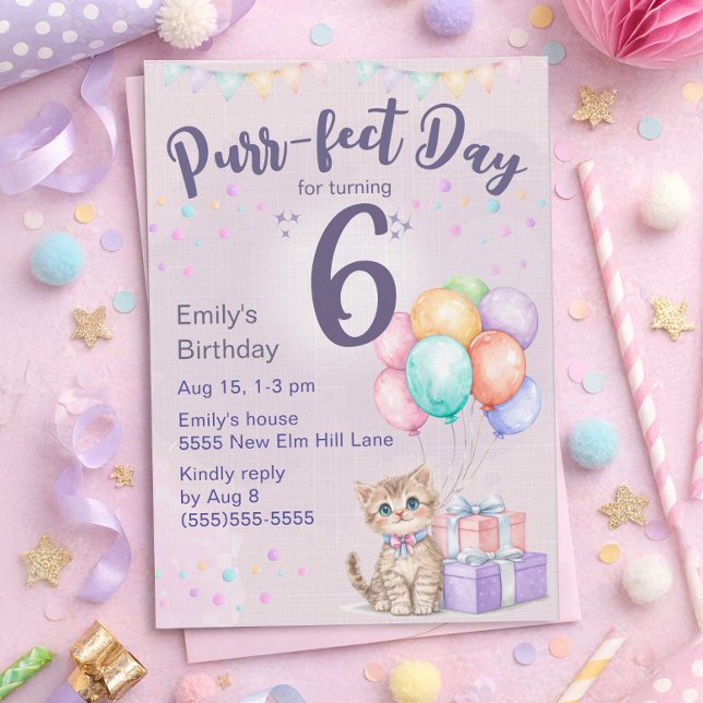 Convite Kitten Cat Pastel Little Girl's 6th Birthday (Cute kitten "Purr-fect day for turning 6" birthday party invitation for little girls)
