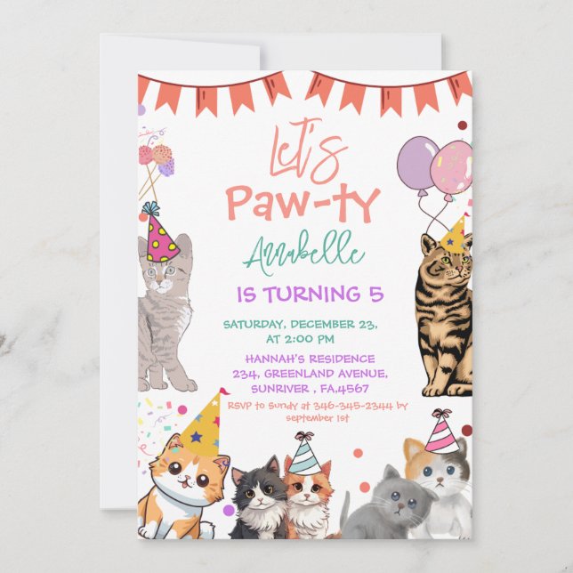 Convite Kitten Cat Vamos Pawthday (Frente)