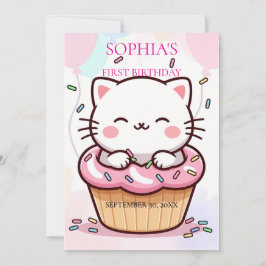 Convite Kitten Cupcake First Birthday