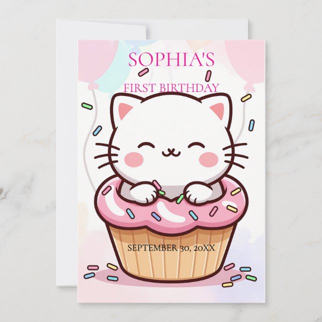 Convite Kitten Cupcake First Birthday (Frente)