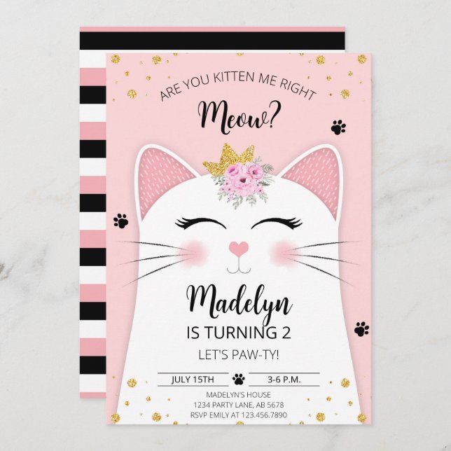 Convite Kitten Meow Birthday Pink (Frente/Verso)