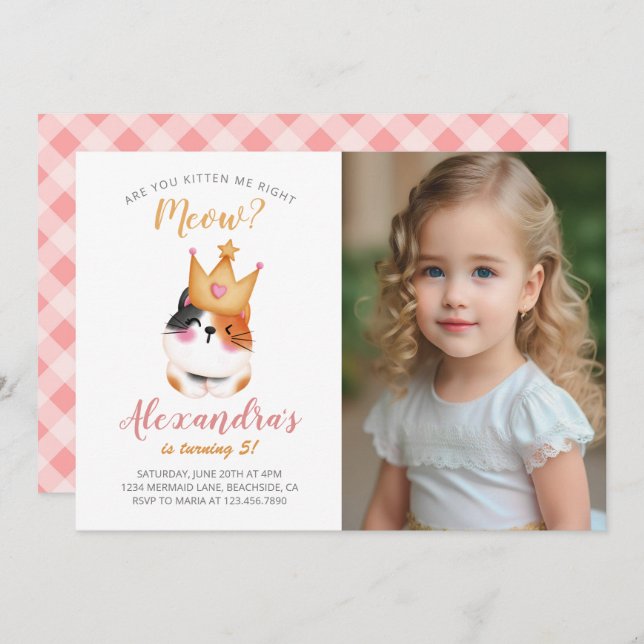 Convite Kitten Meow Crown Girl Kitty (Frente/Verso)