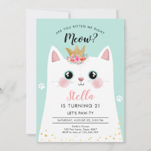 Convite Kitten Meow Teal Crown Girl Kitty Aniversário