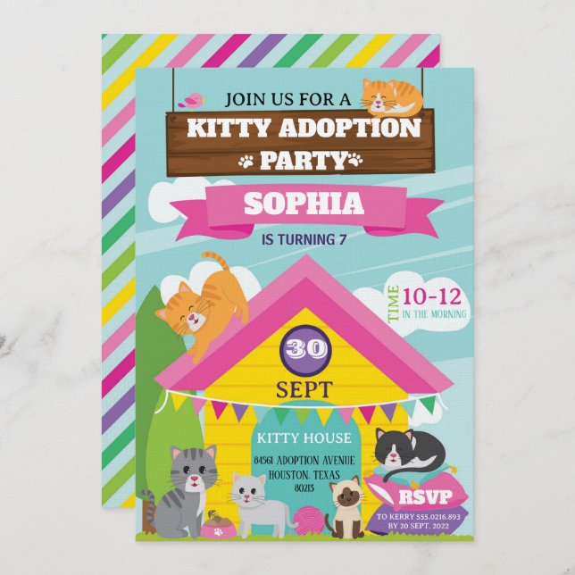 Convite Kitty Birthday Invitation / Girl Kitten Party (Frente/Verso)