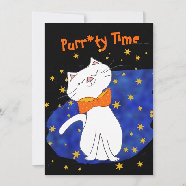 Convite Kitty Cat Blue Starry Night com Douradas estrelas (Frente)