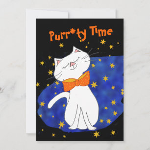 Convite Kitty Cat Blue Starry Night com Douradas estrelas