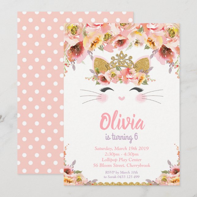 Convite Kitty Cat Festa de aniversário Princesa Gatinho (Frente/Verso)