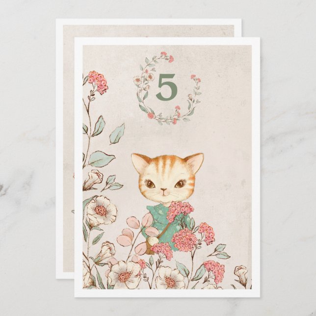 Convite Kitty Cat Floral Girly Kitten 5 anos de idade Aniv (Frente/Verso)