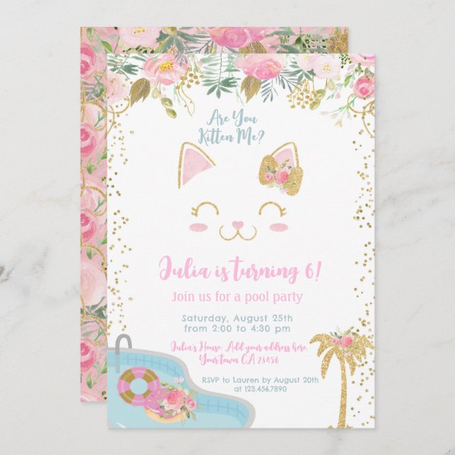 Convite Kitty Pool Party Invitation (Frente/Verso)
