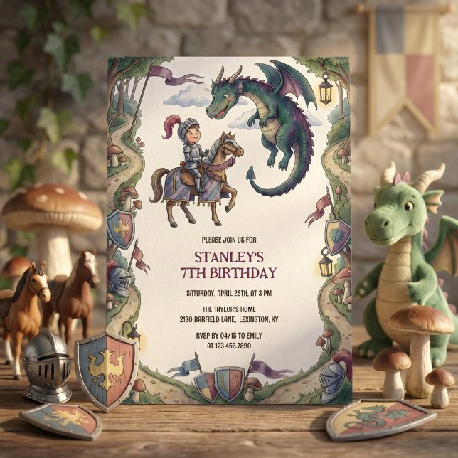 Convite Knight and Dragon Medieval Fairytale Birthday (Knight and Dragon Fairytale Birthday Party Invitation)