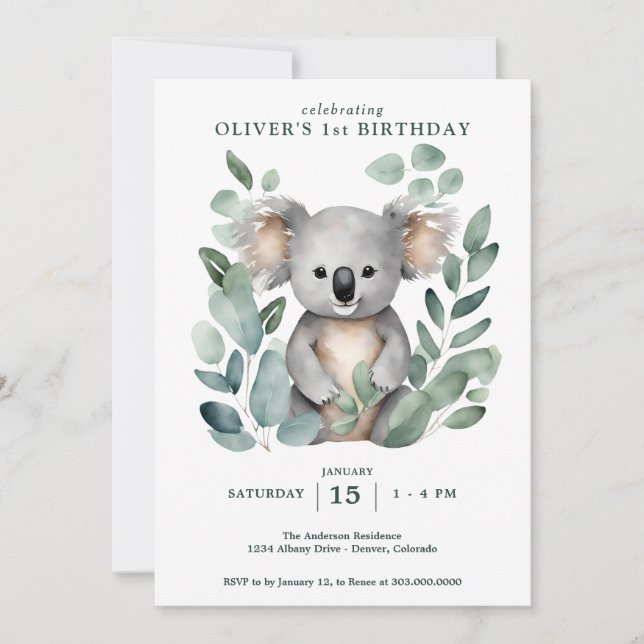 Convite Koala Bear FIrst Birthday (Frente)