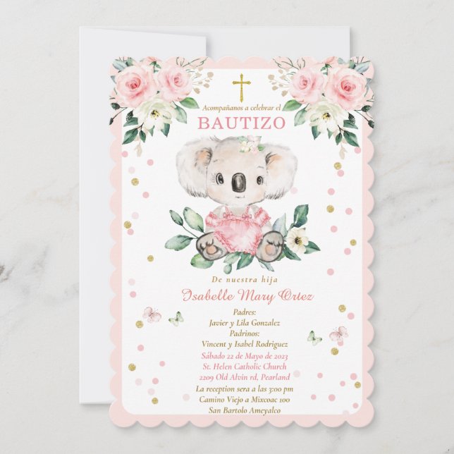 Convite Koala para o batizado de nossa filha (Frente)