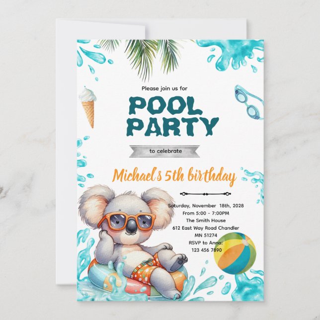 Convite Koala Pool Party Birthday Invitation (Frente)