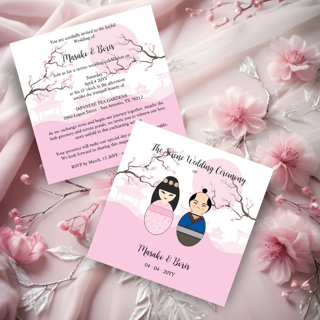 Convite Kokeshi Couple Japanese Inspired Themed (Kokeshi Couple Japanese Inspired Themed Traditional Landscape Garden in Pink Wedding Invitation Card)