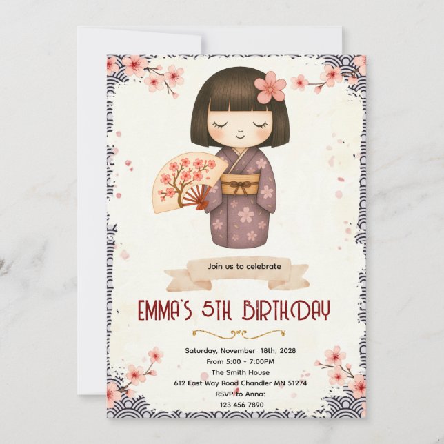 Convite Kokeshi Doll birthday party invitation (Frente)