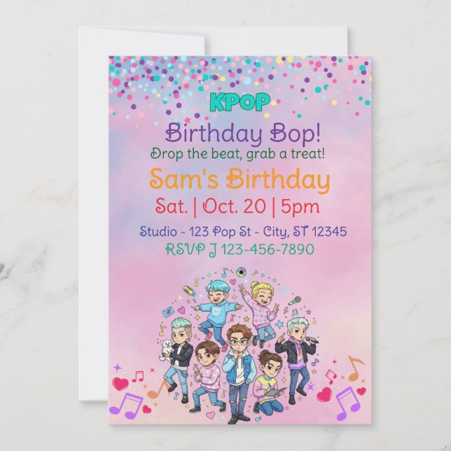Convite KPOP Birthday Bop, Colorful Boy Band (Frente)